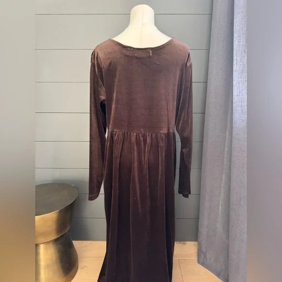 Vintage 90’s Shenanigans Brown Velveteen Baby Doll Dress Floral Embroidery - Picture 5 of 10